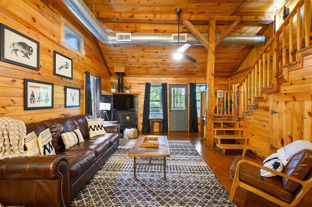 living room featuring wooden walls, ceiling fan, wood ceiling, and high vaulted ceiling