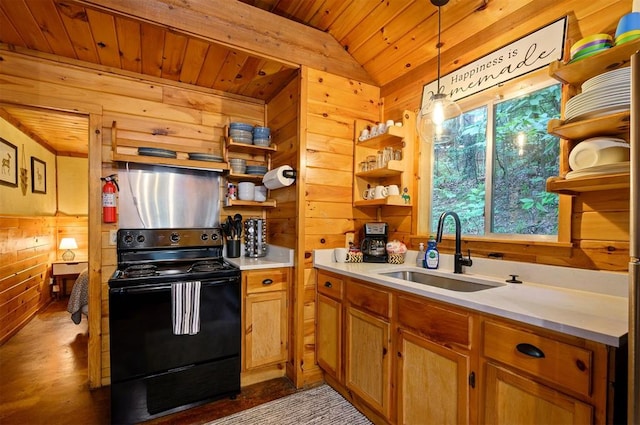 kitchen featuring black range with electric stovetop, sink, lofted ceiling, decorative light fixtures, and wood ceiling