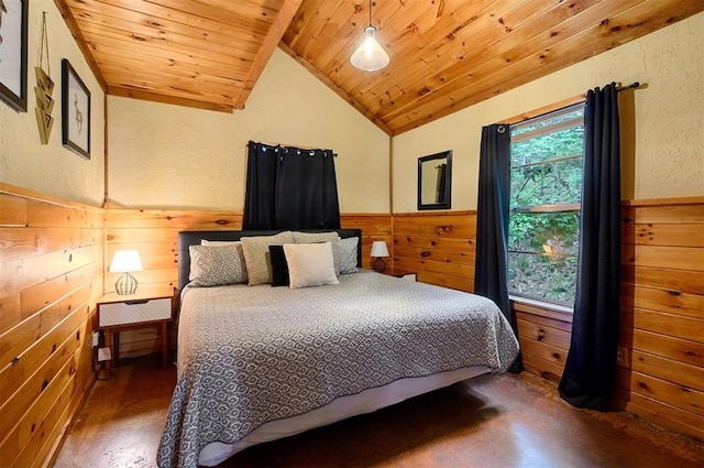 bedroom with vaulted ceiling with beams, wooden walls, wooden ceiling, and dark hardwood / wood-style floors