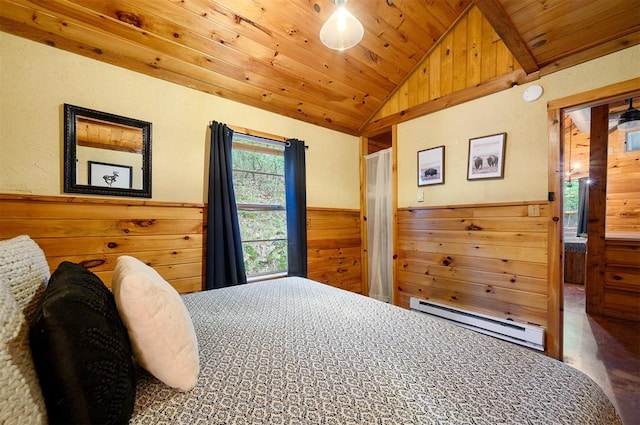 bedroom with lofted ceiling with beams, wood walls, wooden ceiling, and baseboard heating