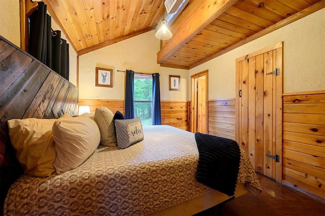 bedroom featuring wood ceiling, wood-type flooring, lofted ceiling, and wooden walls