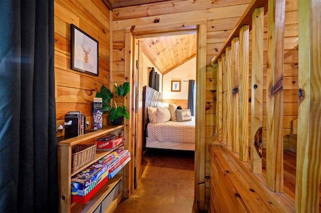 bedroom featuring wood walls, wood ceiling, vaulted ceiling, and dark colored carpet