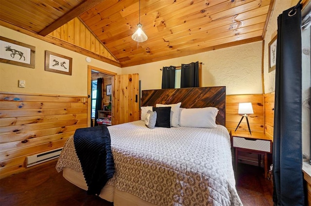 bedroom featuring wood walls, dark wood-type flooring, vaulted ceiling with beams, baseboard heating, and wood ceiling