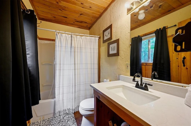 full bathroom featuring shower / bath combination with curtain, toilet, wooden ceiling, and vanity