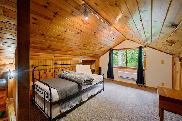 carpeted bedroom with wooden walls, wood ceiling, and vaulted ceiling