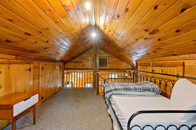 bedroom featuring carpet, wood ceiling, lofted ceiling, and wood walls