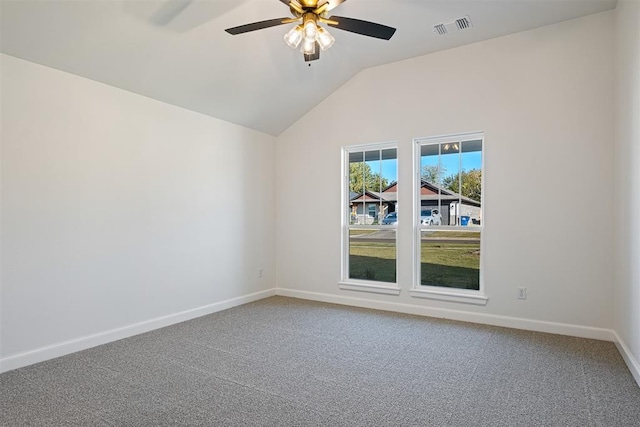 unfurnished room featuring carpet flooring, ceiling fan, and lofted ceiling