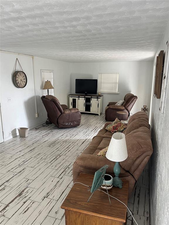 living room with a textured ceiling and light hardwood / wood-style flooring