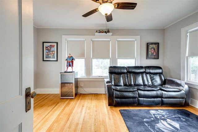 living room with light hardwood / wood-style floors, ceiling fan, and ornamental molding