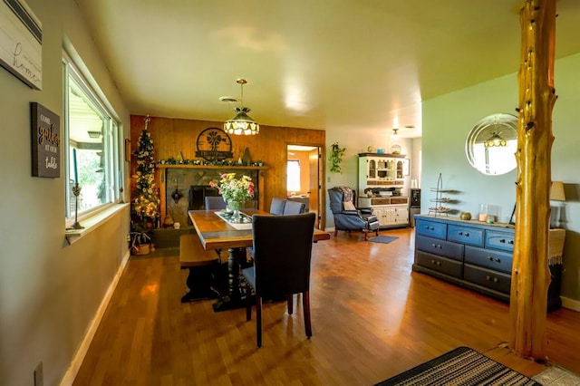 dining space with hardwood / wood-style floors and wooden walls