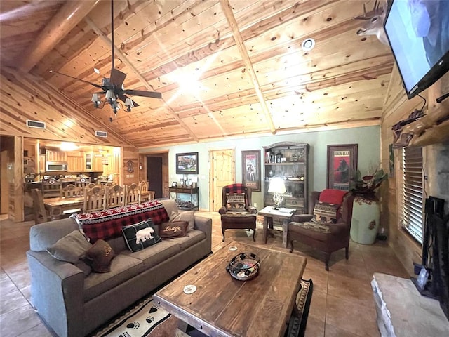 tiled living room with ceiling fan, lofted ceiling, and wood ceiling