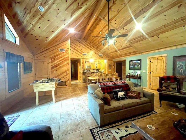 recreation room with ceiling fan, wooden ceiling, high vaulted ceiling, wooden walls, and light tile patterned floors