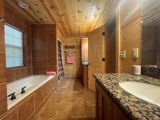 bathroom featuring vanity, plus walk in shower, tile patterned floors, wooden walls, and wood ceiling