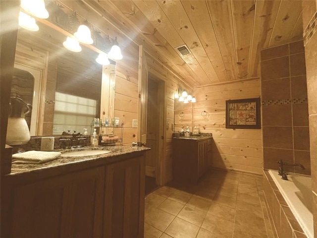 bathroom featuring vanity, wood walls, tile patterned floors, a washtub, and wood ceiling