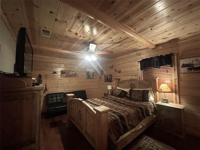 bedroom featuring wooden ceiling, wooden walls, ceiling fan, beamed ceiling, and dark hardwood / wood-style flooring