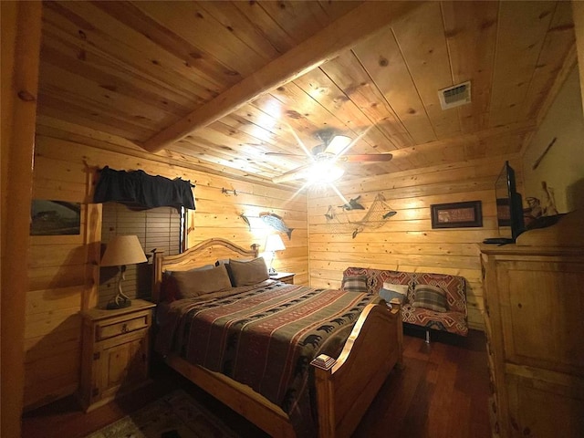 bedroom with beamed ceiling, wooden walls, ceiling fan, and wooden ceiling