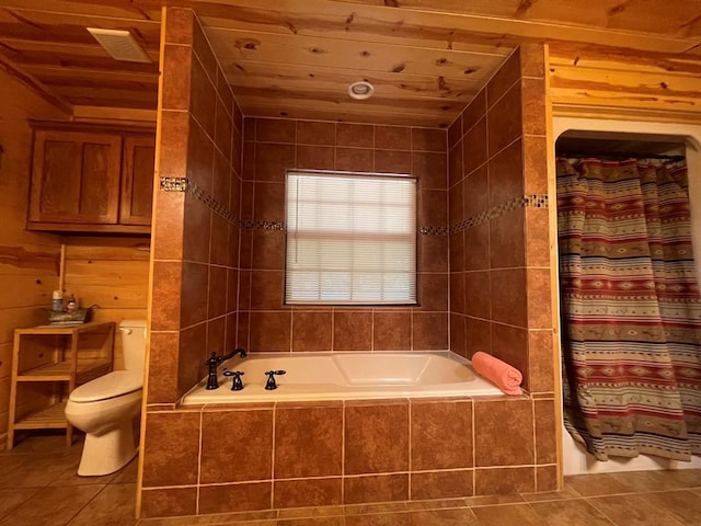 bathroom with tile patterned flooring, wood walls, toilet, and wooden ceiling