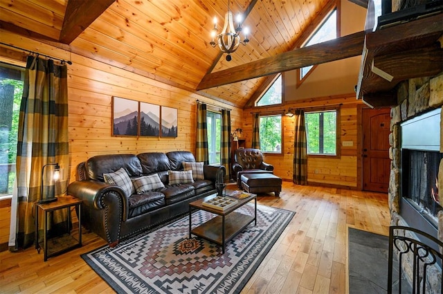 living room with beam ceiling, wooden ceiling, a chandelier, wooden walls, and light wood-type flooring