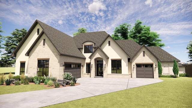 french country style house featuring a garage and a front lawn