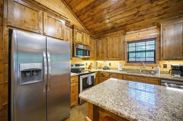 kitchen with light stone countertops, sink, wooden ceiling, lofted ceiling, and appliances with stainless steel finishes