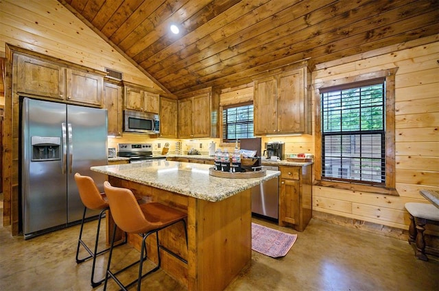 kitchen featuring a center island, wooden ceiling, stainless steel appliances, and a wealth of natural light