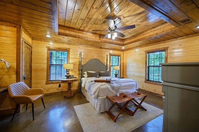 bedroom featuring wood ceiling and wood walls