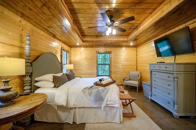 bedroom with ceiling fan, a raised ceiling, and wooden ceiling