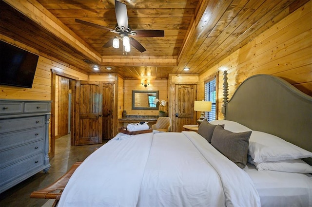 bedroom featuring ceiling fan, wood walls, and wooden ceiling