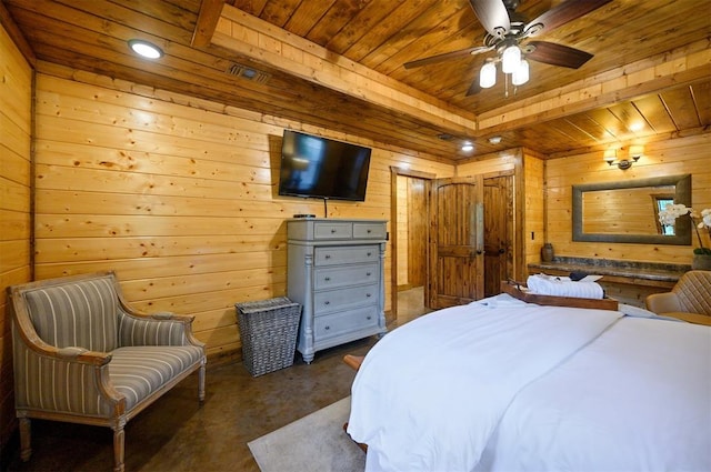 bedroom featuring ceiling fan, wood walls, and wood ceiling