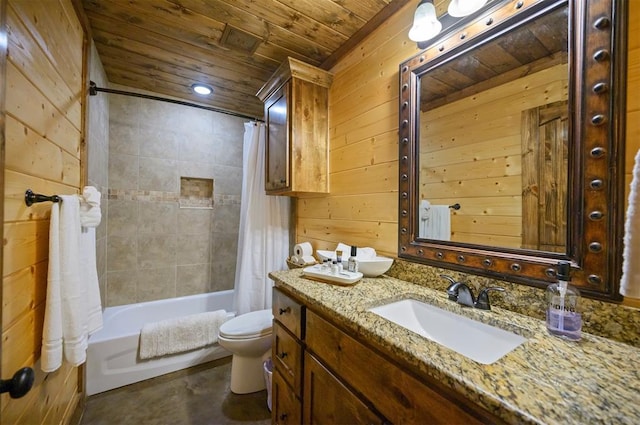 full bathroom with shower / bath combo, toilet, wooden walls, vanity, and wood ceiling