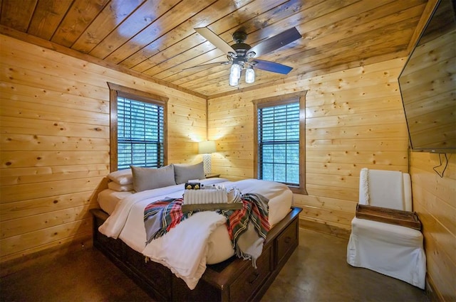 bedroom with wooden ceiling, ceiling fan, and wooden walls