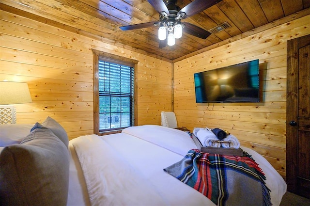 bedroom featuring wood walls, ceiling fan, and wood ceiling