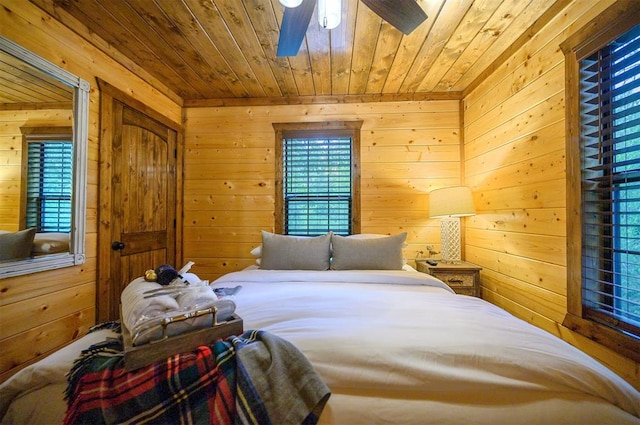 bedroom featuring wood walls, ceiling fan, and wooden ceiling