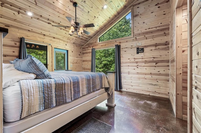 bedroom featuring high vaulted ceiling, multiple windows, wooden walls, and ceiling fan