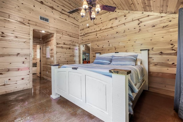 bedroom with wood walls, wooden ceiling, and high vaulted ceiling