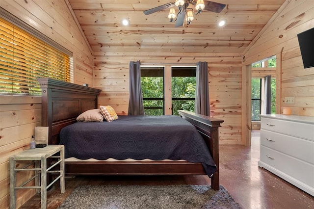 bedroom featuring wooden walls, vaulted ceiling, ceiling fan, and wooden ceiling