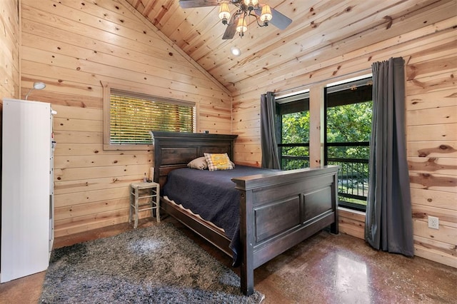 bedroom featuring ceiling fan, wood walls, and high vaulted ceiling