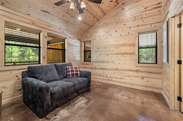 sitting room featuring wooden walls, high vaulted ceiling, wood ceiling, and ceiling fan