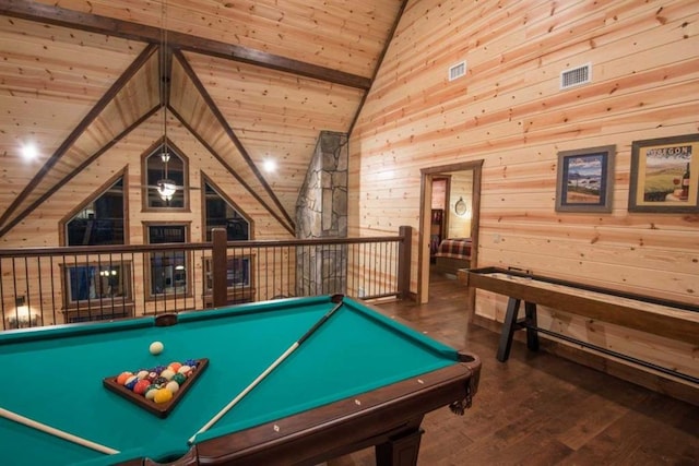 recreation room with pool table, wooden walls, high vaulted ceiling, hardwood / wood-style flooring, and wooden ceiling