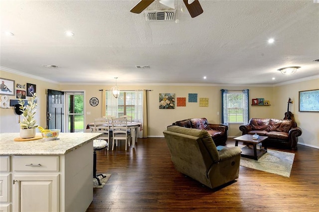 living room featuring dark hardwood / wood-style floors, plenty of natural light, and crown molding