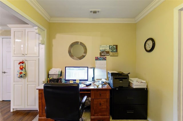 office area with crown molding and dark wood-type flooring