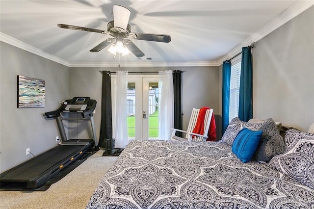 bedroom with carpet, ceiling fan, ornamental molding, and access to outside