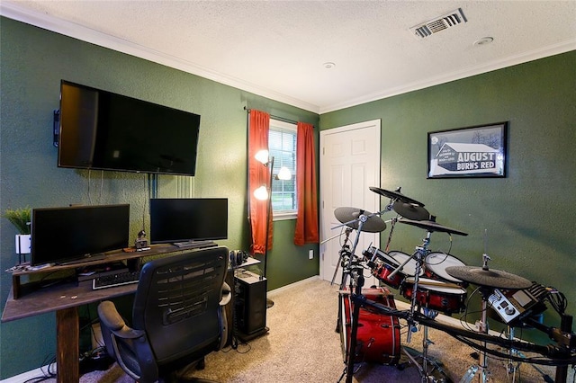 home office featuring carpet flooring and crown molding