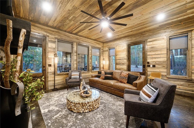 living room featuring ceiling fan, wood walls, and wood ceiling