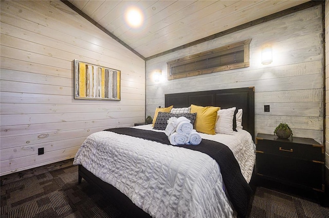 bedroom featuring wooden walls, wooden ceiling, and lofted ceiling