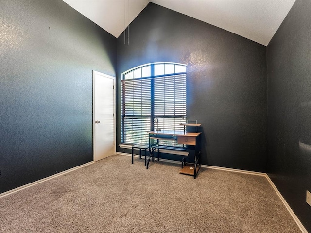 misc room with high vaulted ceiling and carpet flooring