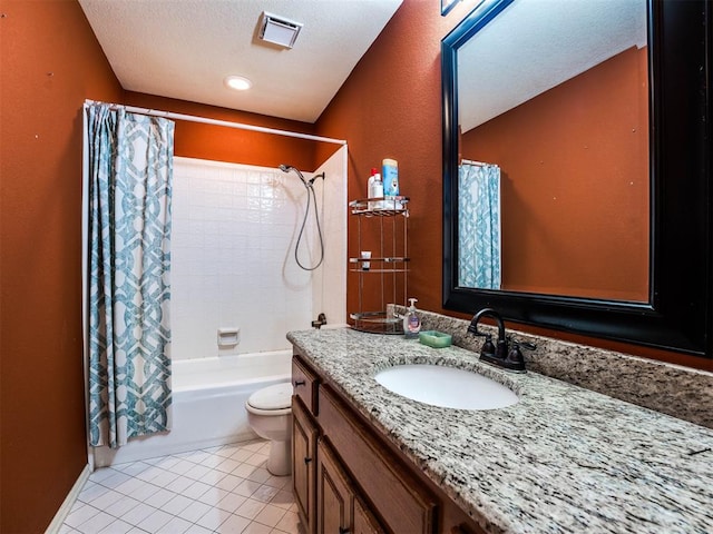 full bathroom with shower / bath combination with curtain, vanity, toilet, tile patterned floors, and a textured ceiling