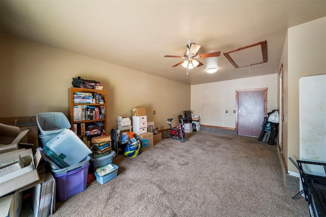 miscellaneous room featuring carpet flooring and ceiling fan