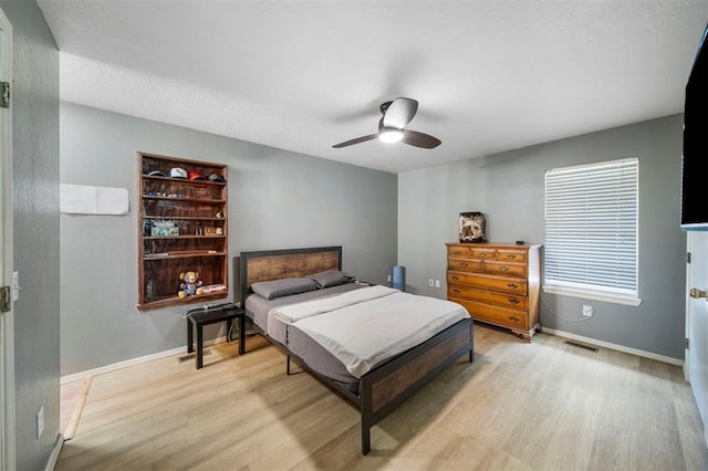 bedroom with ceiling fan and light hardwood / wood-style floors