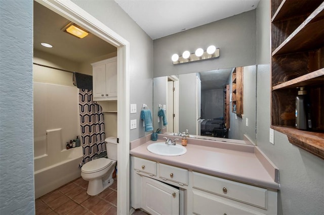 full bathroom with tile patterned flooring, vanity, toilet, and shower / bathtub combination with curtain